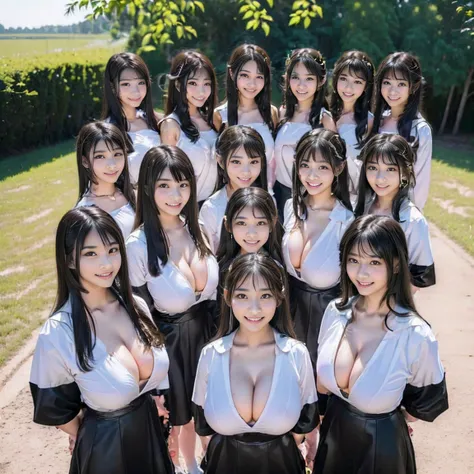 a picture、(((multiple girls))),((((6+girls))))、((10 girls))、The same face、12 years old、Long black hair、10 cute girls、((((Gigantic Breasts))))、a smile、Raw photo、same person、Doppelganger、(group portraits)、a junior high school student,peeing