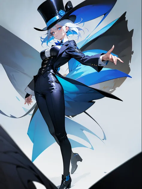 1girl with heterochromatic eyes wears a striking outfit with a dark blue suit and a top hat tipped to the left, With bluish white hair that reaches her waist decorated with metal flourishes. dark-blue color wears short white pants and leather shoes. wears ...