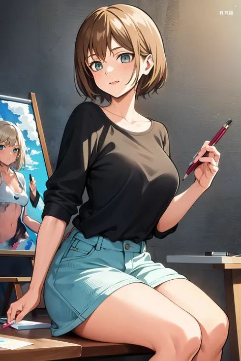 Cute girl,a painter,Painters clothes,short hair, Drawing board, Hand drawing is better, adult girl, Girl, woman, sexy, Colors,big breasts, big chest,