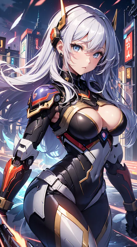 top-quality、Top image quality、​masterpiece、girl with((red and blue mechanical body armor、red mechanic arm、purple leg arms、Shining gold body line、sixteen years old、teen ager、cute little、Best Bust、big bast,Beautiful light blue eyes、Breasts wide open, Purple ...