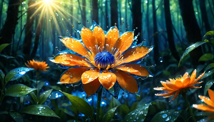 a wet orange in the form of a flower,a tangerine flower,a flower in the form of a tangerine, a blue glow emanates from it to the cut of the petals,gradient petals from orange to transparent, among other types of flowers, grows in the forest,a magical fairy...