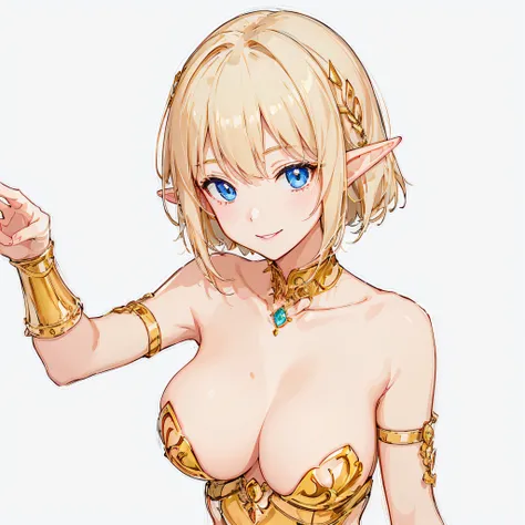 ​masterpiece、top-quality、ighly detailed、hight resolution、１６ｋ、fullnude、teats、Boob proportions、golden armour、Very thin skirt、Black pants、Full body like、Very white skin、Beautiful fingers、Anime girl with very big breasts posing naked、Perfect Style、elvish、no-br...