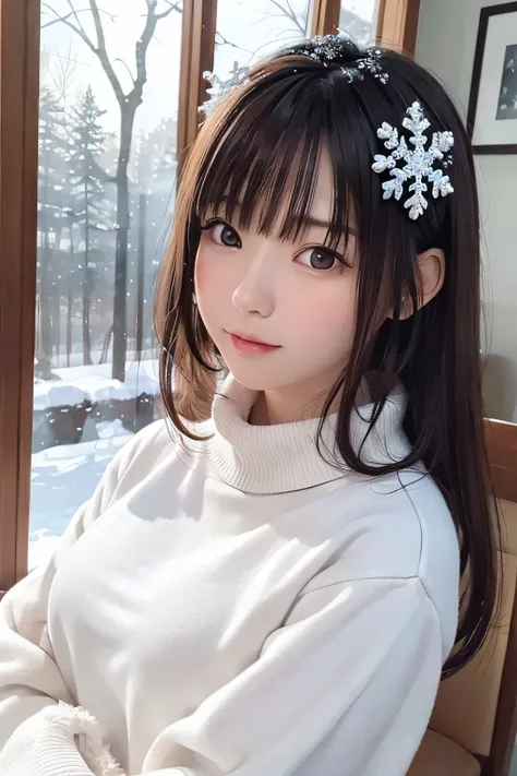 ((snow hair ornament))、snow forest girl,Long hair.Black hair,Beautiful detailed eyes,Beautiful detailed lips,extremely detailed eye and face,longeyelashes,Traditional Illustration,Ultra-detailed,natural,Serene,Winter wonderland,Snowy trees,Sparkling snowfl...