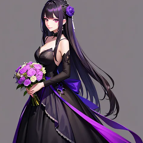 45 degree side face，Beautiful and elegant girl，Black Purple Hair，Wearing long hair，Deep purple eyes，black long dress，ssmile，Holding a bouquet，k hd，Gray-purple background，wanting，ellegance