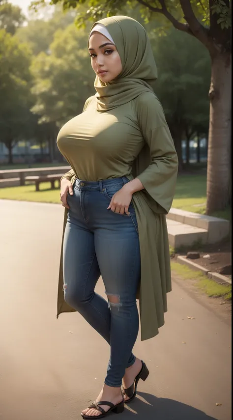 RAW, Best quality, high resolution, masterpiece: 1.3), beautiful Malay woman in hijab (iu:0.8),((big breast)), perfect nose,perfect lips, perfect eyes, detail :1.2), soft smile, standing in the park, big breast, full body photo, wearing simple tight clothe...