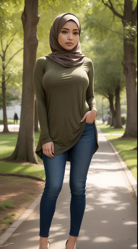 RAW, Best quality, high resolution, masterpiece: 1.3), beautiful Malay woman in hijab (iu:0.8),((big breast)), perfect nose,perfect lips, perfect eyes, detail :1.2), soft smile, standing in the park, big breast, full body photo, wearing simple tight clothe...