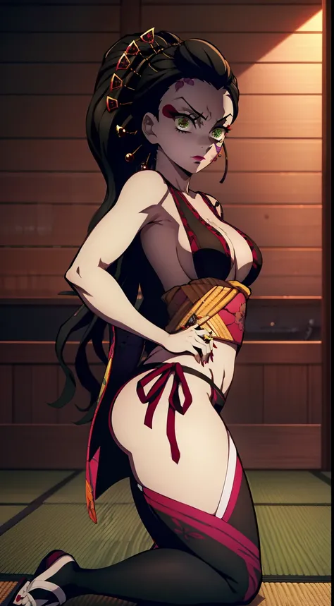 Full-length (Body Full 1.1.), lies on the tatami, One Demon Girl, is looking at the camera, Beautiful waist, Hands Behind Your Back, sexypose, handsome body (Correct anatomy), stands leaning forward, Keeps his hands behind his back, sexy japanese clothes, ...