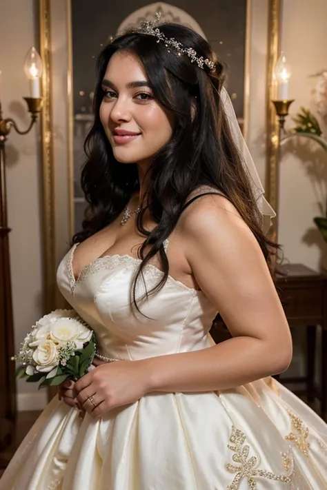 a girl with long black hair wearing a plus size wedding dress smiling and looking forward,illustration,oil painting,high quality,ultra-detailed,realistic,vivid colors,warm tones,soft lighting,long eyelashes,black hair flowing,beautiful detailed lips,bride,...