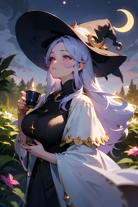 1girl, adult, white long hair, purple eyes, beauty face, looking up, dreamy looked, witch, hat witch, mature, big breast, thick, holding cup of tea, night, crescent moon, garden,