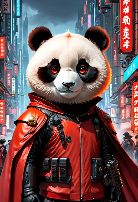 a man wearing a rifle、Panda wearing red cloak, Cyberpunk dystopian style, Charming characters, Huang Shilin, Full of energy and action, Randomly dispersed, white and orange, Flick, Surrealistic atmosphere style, Michael Cormack, Urban intervention, Code-ba...