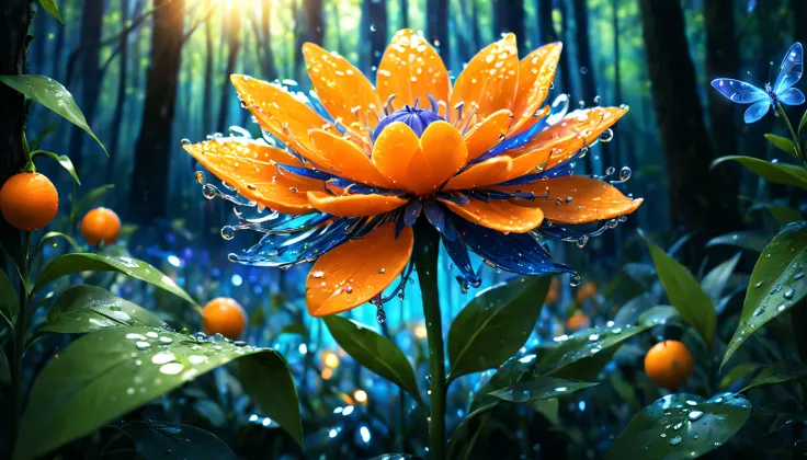 a wet orange in the form of a flower,a tangerine flower,a flower in the form of a tangerine, a blue glow emanates from it to the cut of the petals,gradient petals from orange to transparent, among other types of flowers, grows in the forest,a magical fairy...