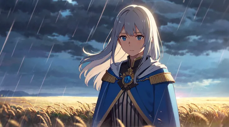 Masterpiece, 1 lady (solo), very long white hair, Have light blue eyes. Scenery. Armor with blue cape, wearing light blue flower hair ornament. Calm expression, Rain, Wheat field. Sky. Close up.