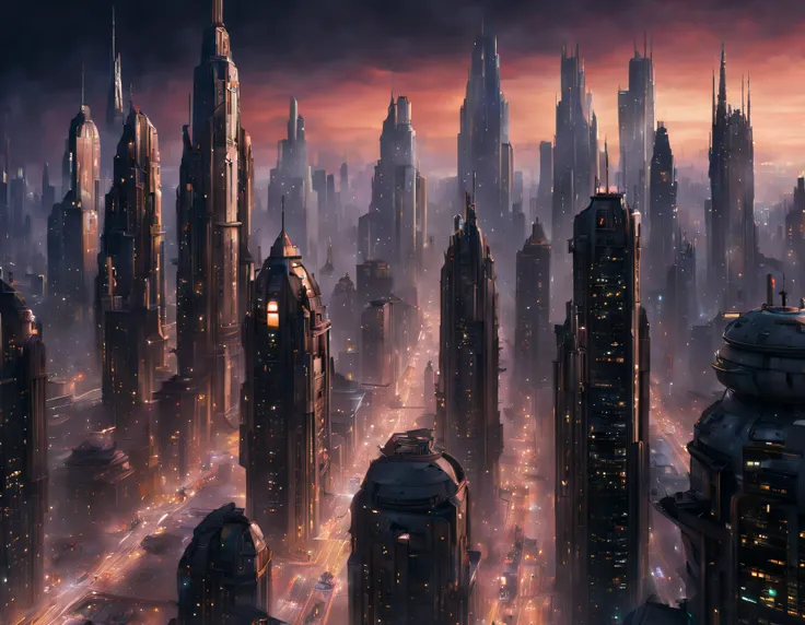 (The city of Coruscant from Star Wars as designed by Doug Chiang), futuristic fantasy city with immense buildings of technological design (que forman una avenida infinita), edificios compactor no difuminados con aspecto metalico,luces en ventanas en edific...