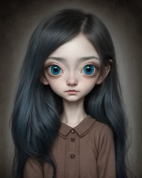 Un primer plano de una chica muy triste con el pelo largo (rubio) And the big blue eyes showing huge ((pechos)), Anton Semenov, Mark Ryden muy detallado, Estilo Mark Ryden, Mark Ryden en el estilo de, Estilo de Mark Ryden, inspirado por Mark Ryden, Naoto H...