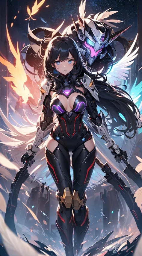 top-quality、Top image quality、​masterpiece、girl with((red and blue mechanical body armor、red mechanic arm、purple leg arms、Shining gold body line、sixteen years old、teen ager、cute little、Best Bust、big bast,Beautiful light blue eyes、Breasts wide open, silver ...