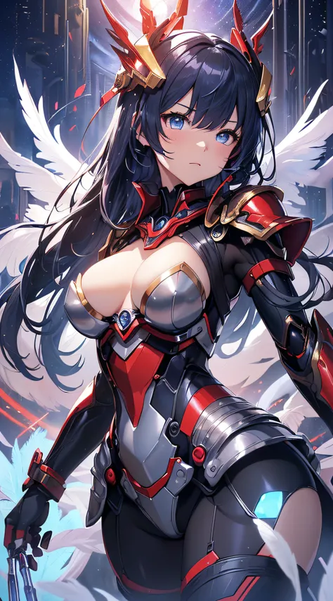 top-quality、Top image quality、​masterpiece、girl with((red and blue mechanical body armor、red mechanic arm、purple leg arms、Shining gold body line、sixteen years old、teen ager、cute little、Best Bust、big bast,Beautiful light blue eyes、Breasts wide open, silver ...