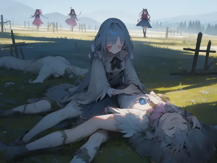 6+ girls, monster on background, pile of corpse, closed eyes, perfect anatomy, magical girls, scenery, on hill