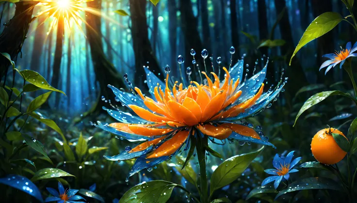 a wet orange in the form of a flower,a tangerine flower,a flower in the form of a tangerine, a blue glow emanates from it to the cut of the petals,gradient petals from orange to transparent, among other types of flowers, grows in the forest,a magical fairy...