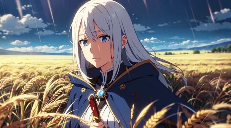 Masterpiece, 1 lady (solo), really long hair, White hair, Have light blue eyes. Scenery. Armor with blue cape, blue flower hair ornament. Calm expression, tired. Holding Swords. Blood on body and face. Rain, Wheat field. Sky. Close up. Look up at the sky