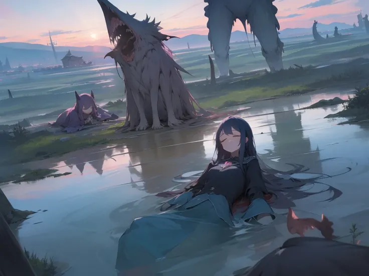 6+ girls, monster on background, pile of corpse, closed eyes, perfect anatomy, magical girls, scenery, sky