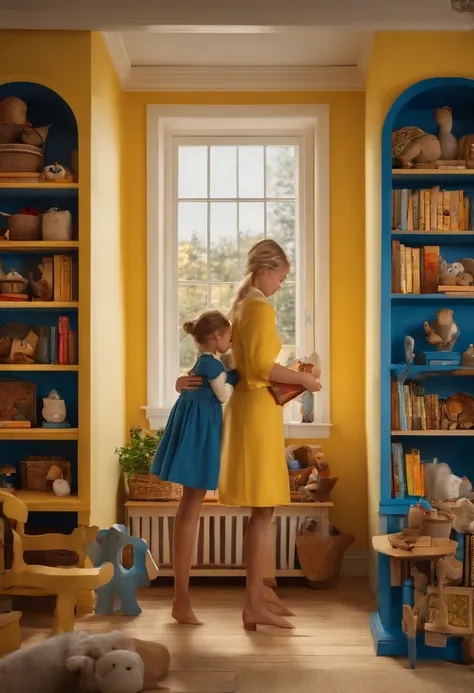 An image of the character holding a freshly built, beautifully designed bookshelf, filled with colorful storybooks and toys.,original,Very swedish! Blue and yellow. Absolutely Scandinavian. Very hot. Very beautiful.