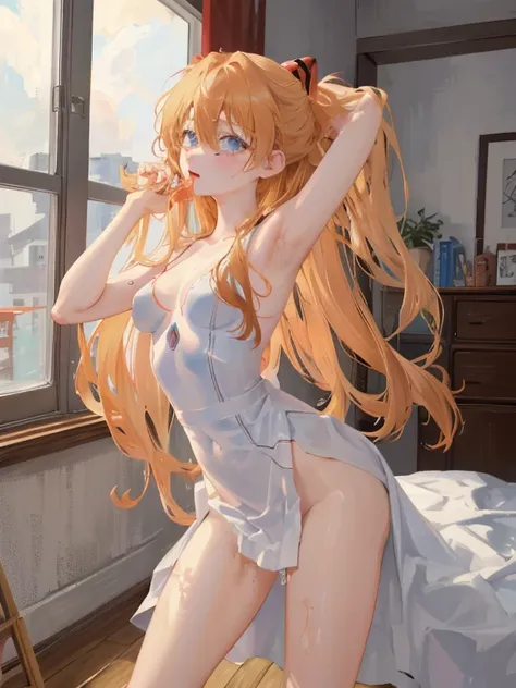 (masutepiece, Best Quality, Detailed), 1girl in, Solo, Indoors, dress room, 双臂在头后, Souryu Asuka Langley, Interface headset, fullnude、Ahegao、A large amount of love juice flows out、Squirting、