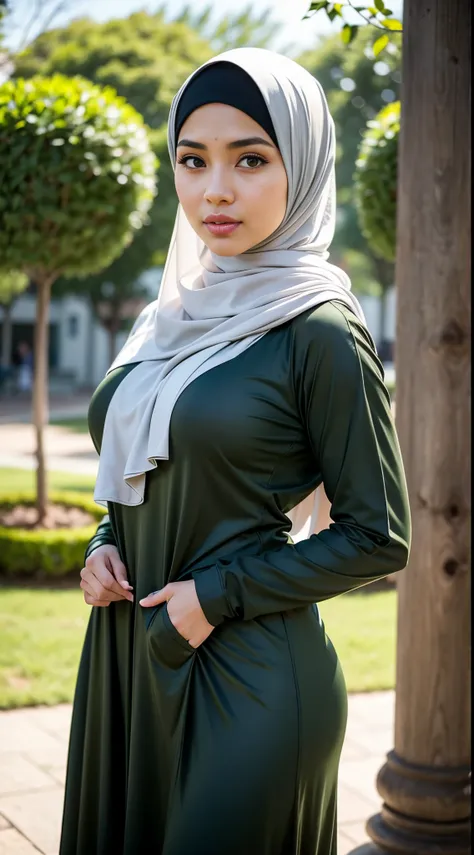 1 Malay girl, modern plain hijab, shy, medium portrait, watery eyes, RAW, Best quality, high resolution, masterpiece: 1.3), beautiful Malay woman in hijab (iu:0.8),((big breast)), perfect nose,perfect lips, perfect eyes, detail :1.2), soft smile, standing ...