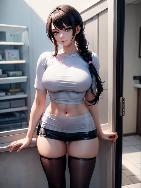 A woman wearing white short sleeves and black leggings，Posing for photos leaning against the door, Exposing the abdomen，The figure is good，The head is not exposed，[ 4K realism ]!!, [ 4K realism ]!!!, [ 4K digital art ]!!, Realistic shadow perfect body, rea...