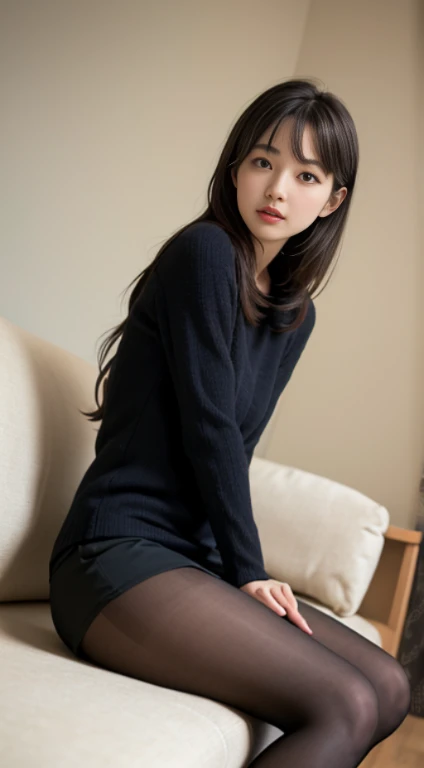 Depiction from a low angle、Let your brown hair flow lightly、wearing a cute miniskirt 2０old beauty、Sitting on the sofa wearing black pantyhose。Please express her loveliness and refreshing charm...。"