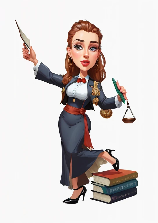 cartoon woman with scales and books holding a book, advogada, advogado, Advogado curdo, Cartoon style illustration, professional illustration, caricature illustration, color digital illustration, Estilo de caricatura, courful illustration, lawyer suit, off...