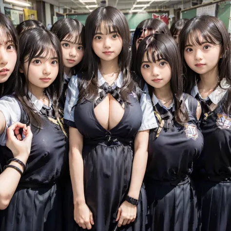 a picture、(((multiple girls))),((((6+girls))))、((10 girls))、The same face、matching school uniform、12 years old、Long black hair、10 cute girls、((((Gigantic Breasts))))、a smile、Selfie stick、‎Classroom、Raw photo、same person、Doppelganger、(group portraits)、a jun...