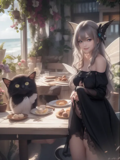 black cat anthropomorphic fairy、being thin、Photos of 20-year-old Finnish fairy wearing gorgeous clothes (Black flowing dress:1.2) big breasts and big breasts (Delicate fairy wings:1.2), Grinning, (looking at the camera in:1.1), (Sateen:1.1), On the beautif...