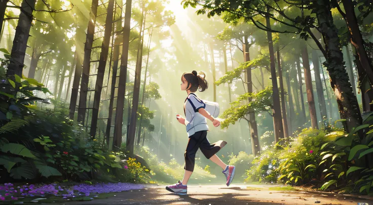 tmasterpiece, Best quality, A high resolution, A cute cartoon bear, Beautiful forest, Flowers and plants, soft sun light, jogging, smilingly, Happy, depth of fields, 电影灯光,right side view