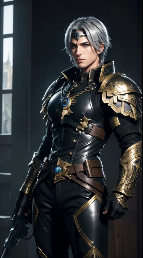 (absurdres, highres, ultra detailed, HDR), masterpiece, best quality, Valkyrie Profile Character handsome boy in black gold Valkyrie suit short hair wearing headgear silver grey hair