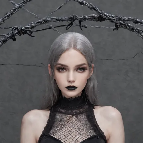 Girl with gothic net symbolic clothes, 。.com (Barbed wire of the body) brunette color hair，Gray hair ends