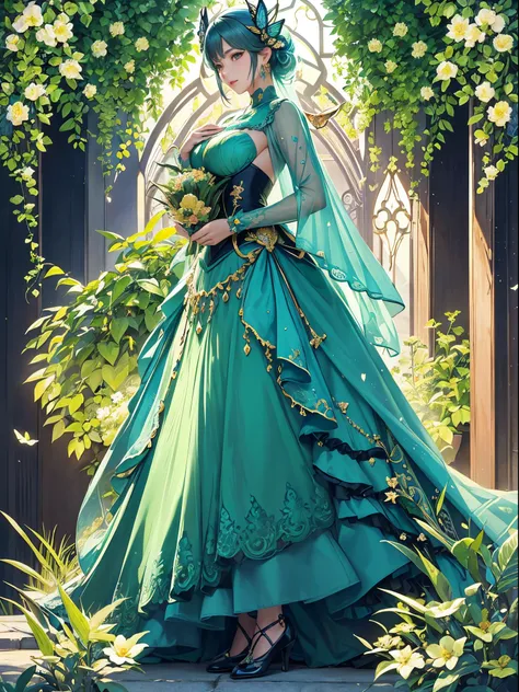 Butterfly motif、Green tone、Vibrant colors、((​masterpiece)))、(((top-quality)))、((ultra-detailliert))、(A hyper-realistic)、(highly detailed CGillustration）、Official art、Venice at the beginning of the 20th century、Decadent、Madame Papillon、Cool Beauty、Masquerad...