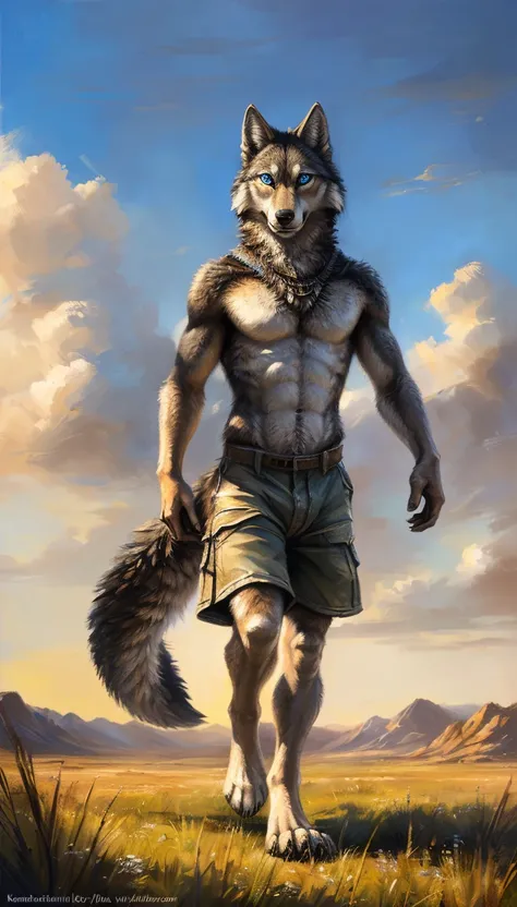 ((Solo)), male people, anthro wolf, (Multi-colored fur, White-brown:1.3，White tail pointed), (Height 2.1m,Tail length 1.2m), ((Wolf face, Big eyes, White eyelids, Blue pupil, Slim:1.2) (Tough, Calm expression:1.2)), Abs, Slim, pinging)), (Correct anatomy),...