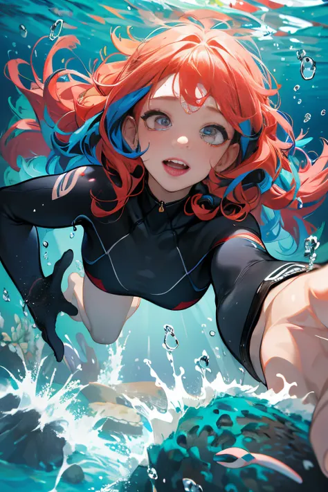 absurdres, highres, ultra detailed, 1girl, solo, extremely detailed eyes, multicolored hair, curly hair, coral eyes, , Diving_underwater_to_view_marine_life,, heavy breathing (panting)