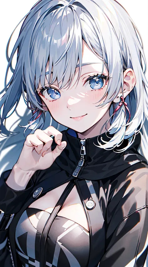 kamisato ayaka, (best quality, highres, masterpiece:1.2), upper body, detailed black and white coat, modern style, cute pose, fade smile, flawless skin, stylish haircut, captivating gaze, soft lighting, knuckles up