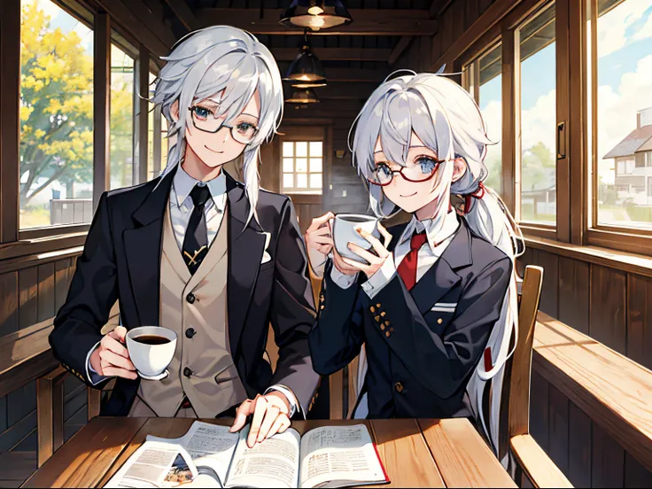 Male teenager、One、Wearing round glasses without rims、white  hair、poneyTail、tailcoat、neck tie、Hats、tee、Bright sunshine、Veranda of the lodge、Sit in a wooden rocking chair、Relax with a smile、hand holding cup of coffee、saucer and book on the desk