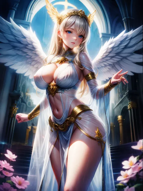 （8K ，hyper-detailing，ultra real photo，Best masterpiece，natural，Perfect artwork，Perfect female body），Cute busty girl ，Hair color，（large tities），Angelic，Sankta，obsessed，the angels wings，The halo，Angel is coming，Beautiful church，beautiful rain of petals，Gorge...