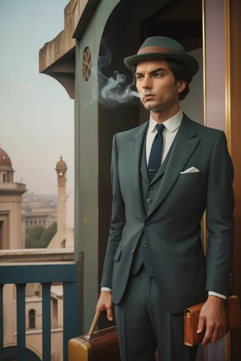 1965, Italy. Pre-raphaelite business man, grey suit, hat and briefcase, smoking a cigarrete, smoke, Michael Endes grey men, scary, angry, in a roman anphitheatre, ruins, ((((Clothing from the 1960s)))), ((Hairstyle of the 1960s)), ((Wes Anderson cinematic ...