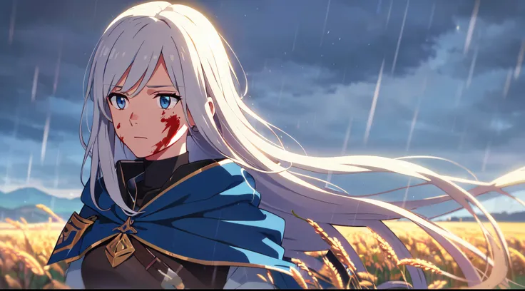 Masterpiece, 1 lady (solo), (very long hair) , White hair, Have light blue eyes. Scenery. Armor with blue cape, wear flower hairpin. Calm expression. (Blood on body and face) . Rain, Wheat field. Sky. (Look up at the sky). Ray tracing. Dramatic. (Close up)...