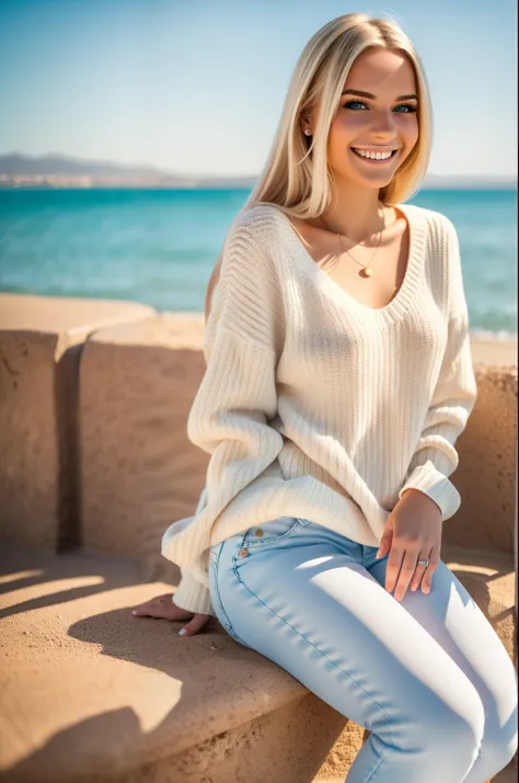 photo beautiful light blonde long hair 21 year old girl with narrow sexy long white pullover  and pink jeans  sitting at the beach, benidorm town in background bokeh,, smiling happy, canon d1 85 mm --auto --s2