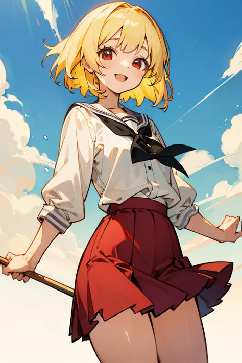 Anime Girl, Thick Short Blonde Hair, Red Eyes, Wearing a Plain White Blouse, Plain Red Skirt, Black School Shoes, Sunny Day Background, Happy, Bright