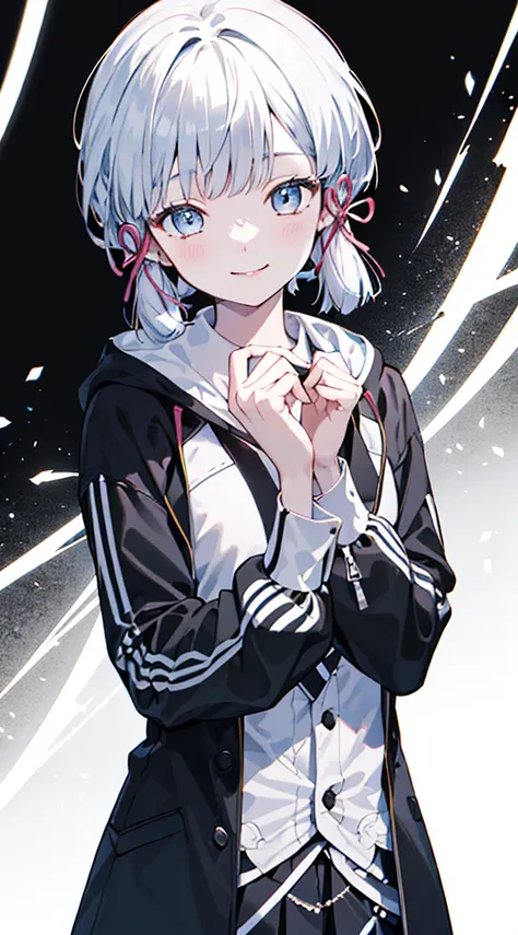 kamisato ayaka, (best quality, highres, masterpiece:1.2), upper body, detailed black and white coat, modern style, cute pose, fade smile, flawless skin, stylish haircut, captivating gaze, soft lighting, hands not visible