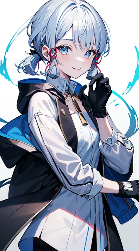 kamisato ayaka, (best quality, highres, masterpiece:1.2), upper body, detailed black and white coat, modern style, cute pose, fade smile, flawless skin, stylish haircut, captivating gaze, soft lighting, both hand wearing gloves