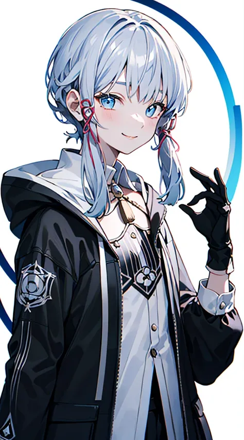 kamisato ayaka, (best quality, highres, masterpiece:1.2), upper body, detailed black and white coat, modern style, cute pose, fade smile, flawless skin, stylish haircut, captivating gaze, soft lighting, both hand wearing gloves