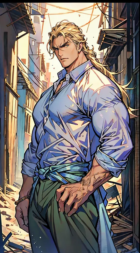 A middle-aged man, dark golden long hair, a wild and unkempt hairstyle, a melancholic gaze, a dignified expression, a tall and muscular physique, a hint of stubble on his face, a fantasy-style tattered clothing, ripped sleeves, reveals his abdominal muscle...