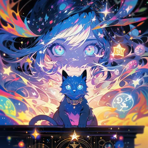 a cat sits at the table with tarot cards, there is a cat with big eyes and a star on his face, Big shiny eyes, The stars are hidden in the eyes, Dream of an animal cute eyes, 🐋 as 🐘 as 🤖 as 👽 as 🐳, Stars in her staring eyes, glairing eyes, Starry Shining E...